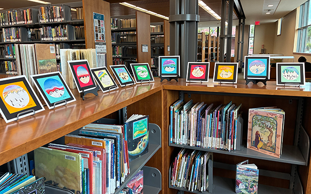 Student artwork at the Alameda Main Library in the children's section